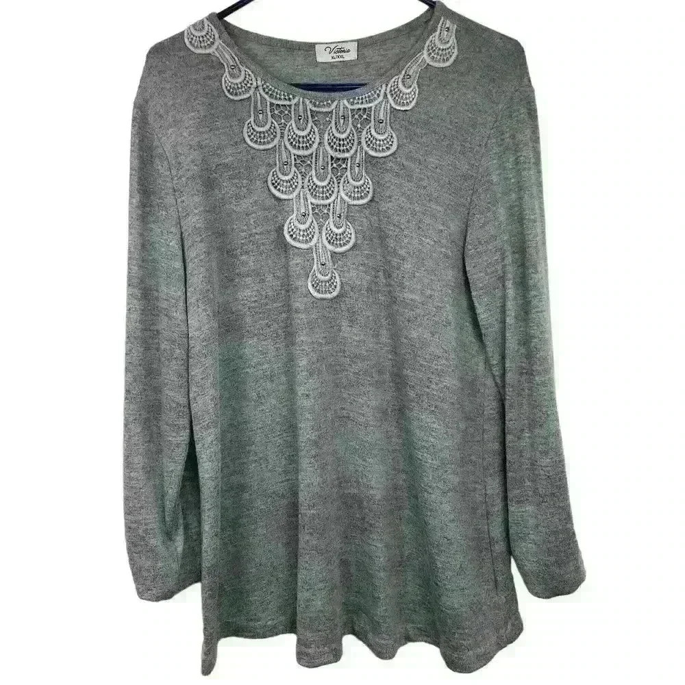 Victoria Crew Neck Long Sleeve Sweater Top Gray Lace Womens XL XXL